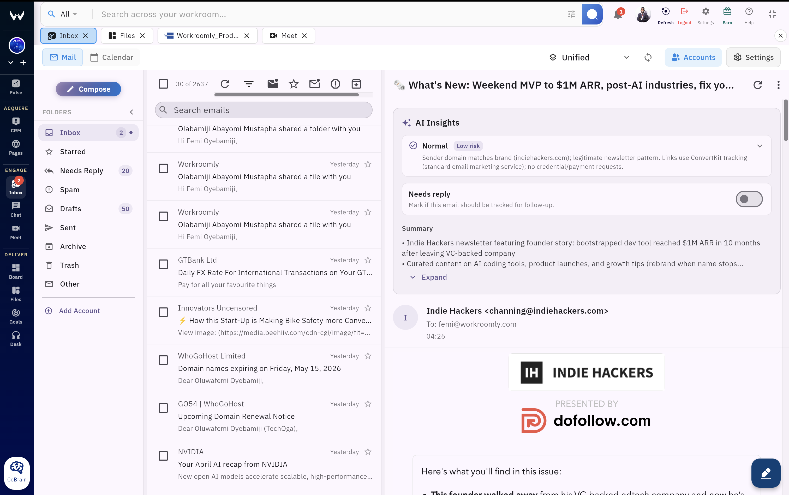 Workroomly Inbox and engagement preview