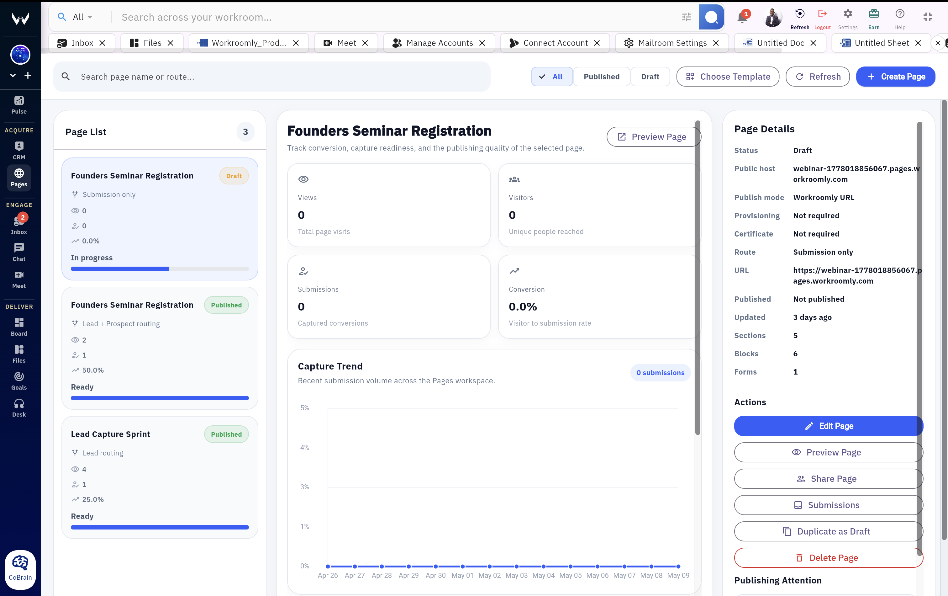 Workroomly Pages builder showing landing page with form widget and routing configuration