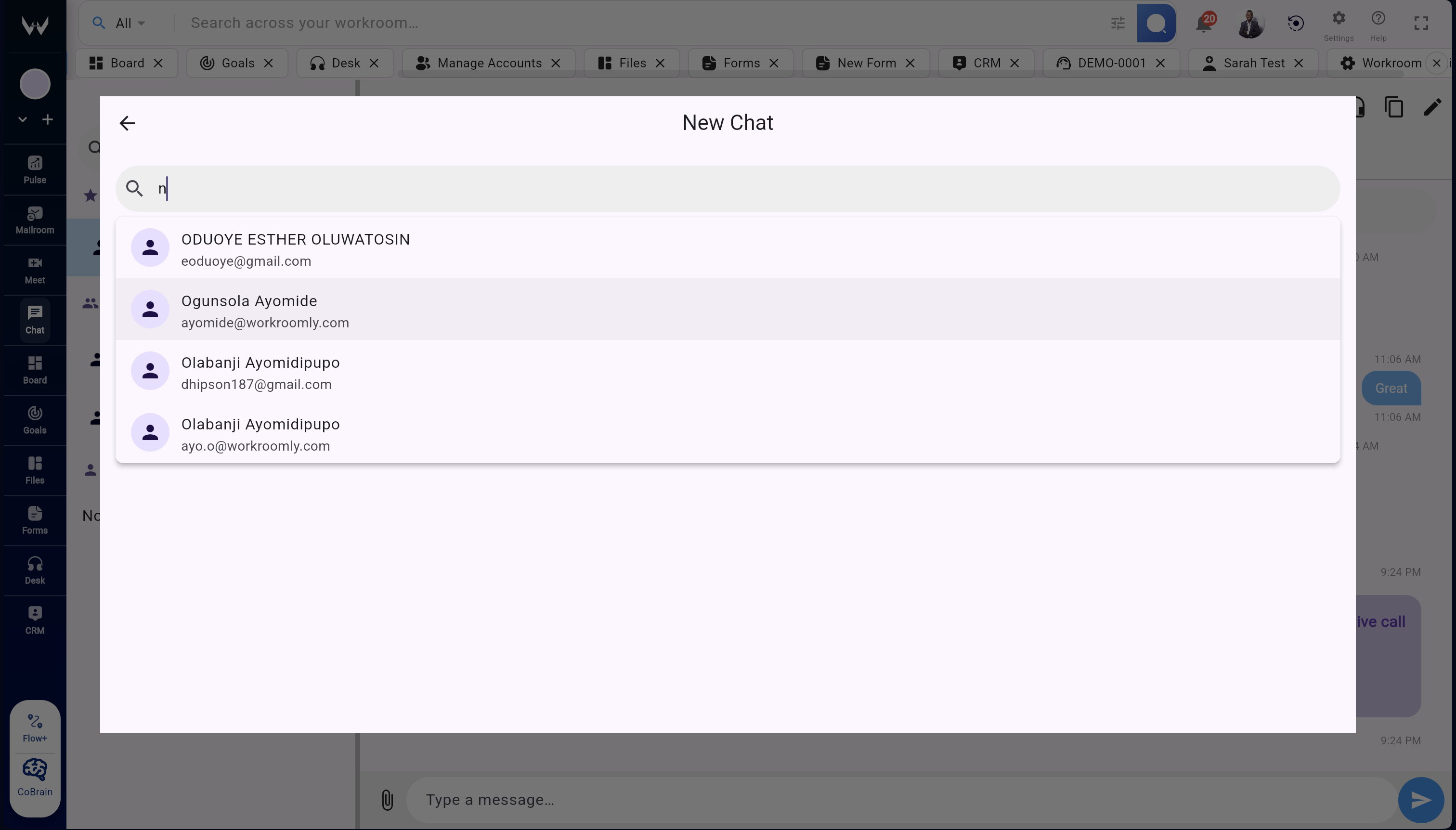 Threaded conversations in Workroomly Chat showing replies grouped under a parent message