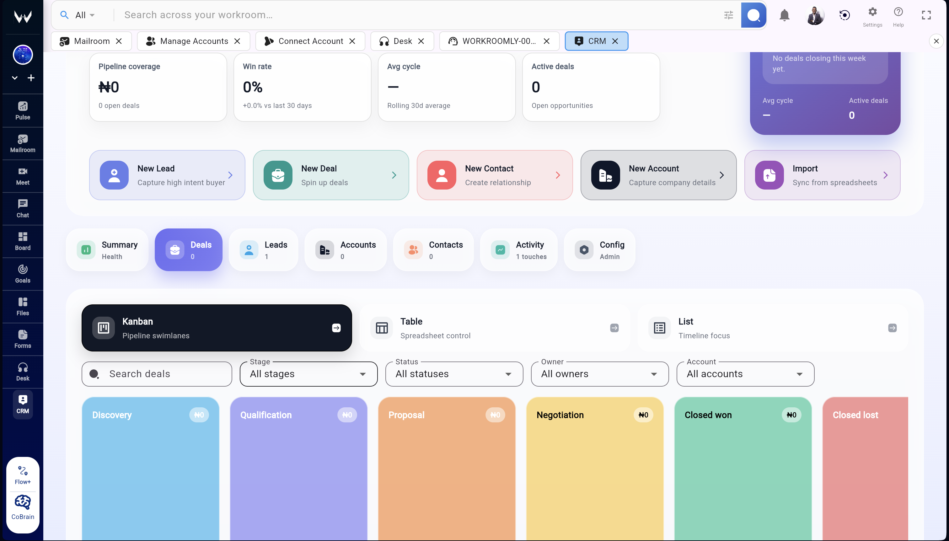 Workroomly CRM account timeline and deal stages with activity context