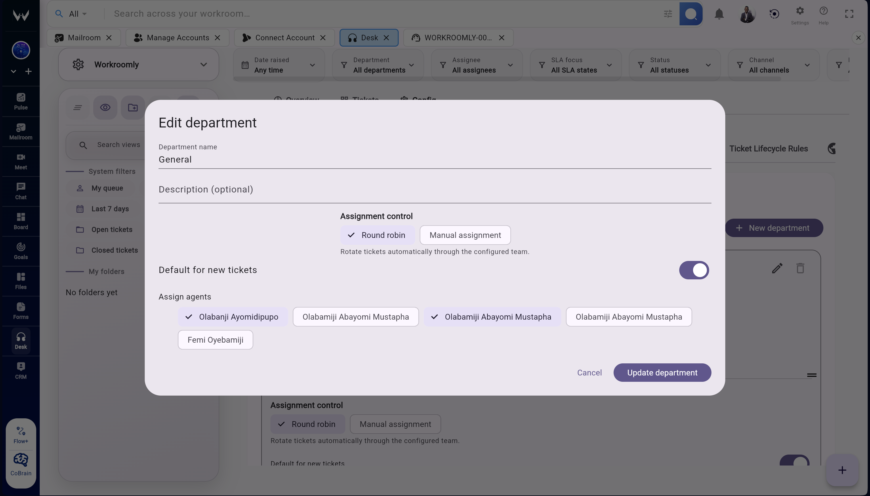 Workroomly Desk SLA dashboard and timers