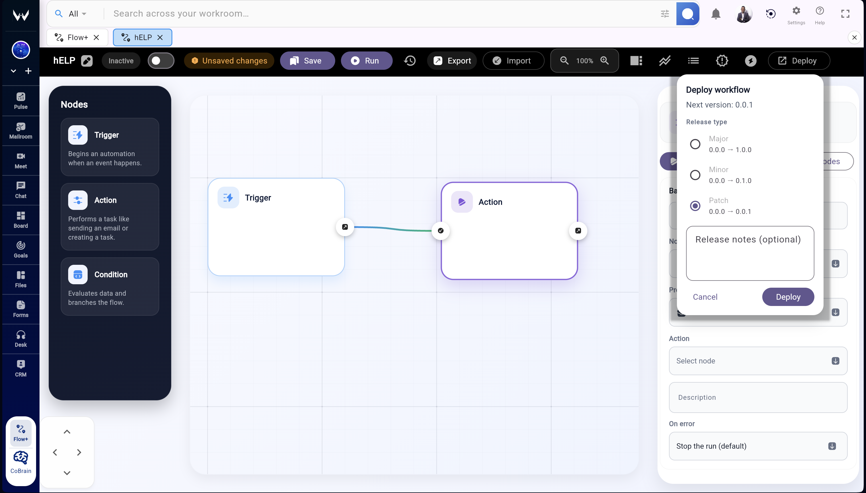 Flow+ multi-step workflow builder with linked actions and automation stages