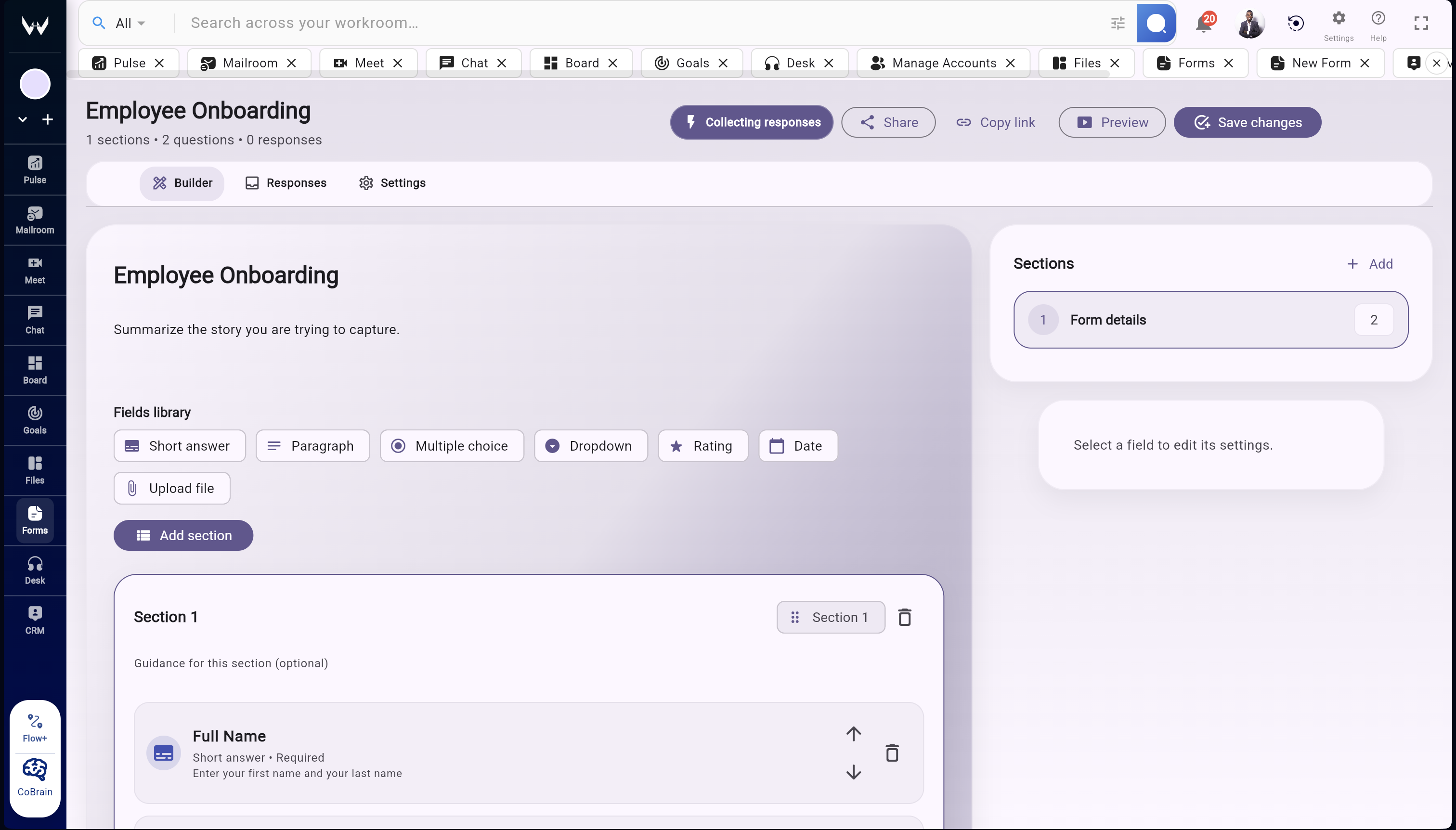Workroomly Forms response table with owner assignments filters and status tracking