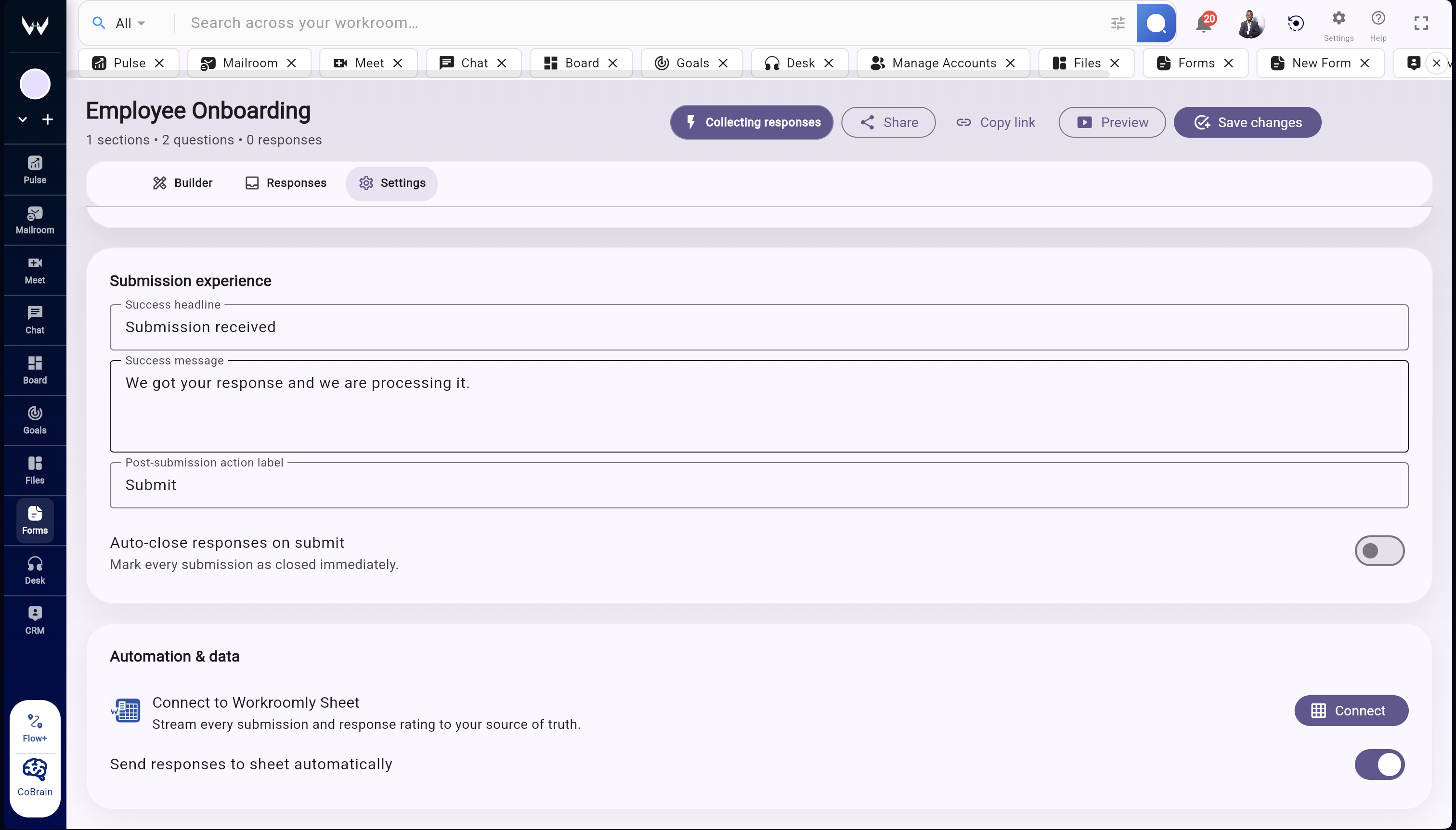 Workroomly form builder with multi-step layout sections custom fields and workspace branding