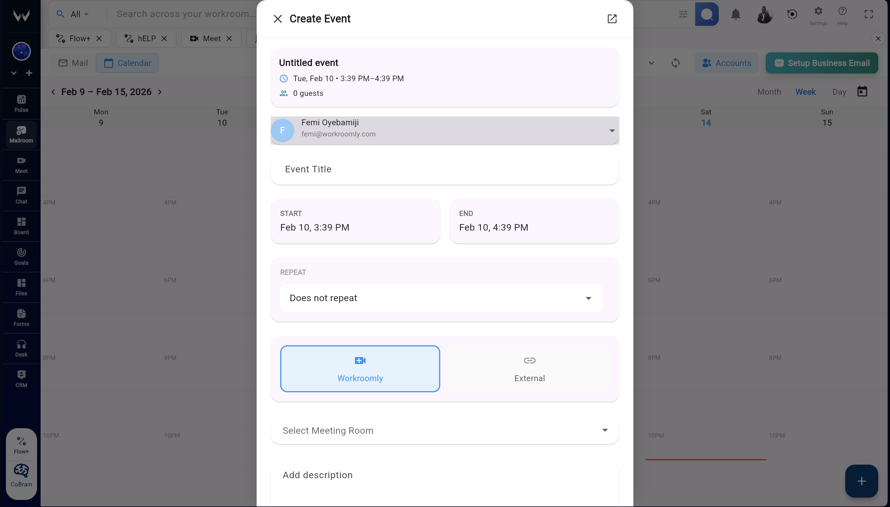 Calendar scheduling panel integrated with Workroomly Inbox