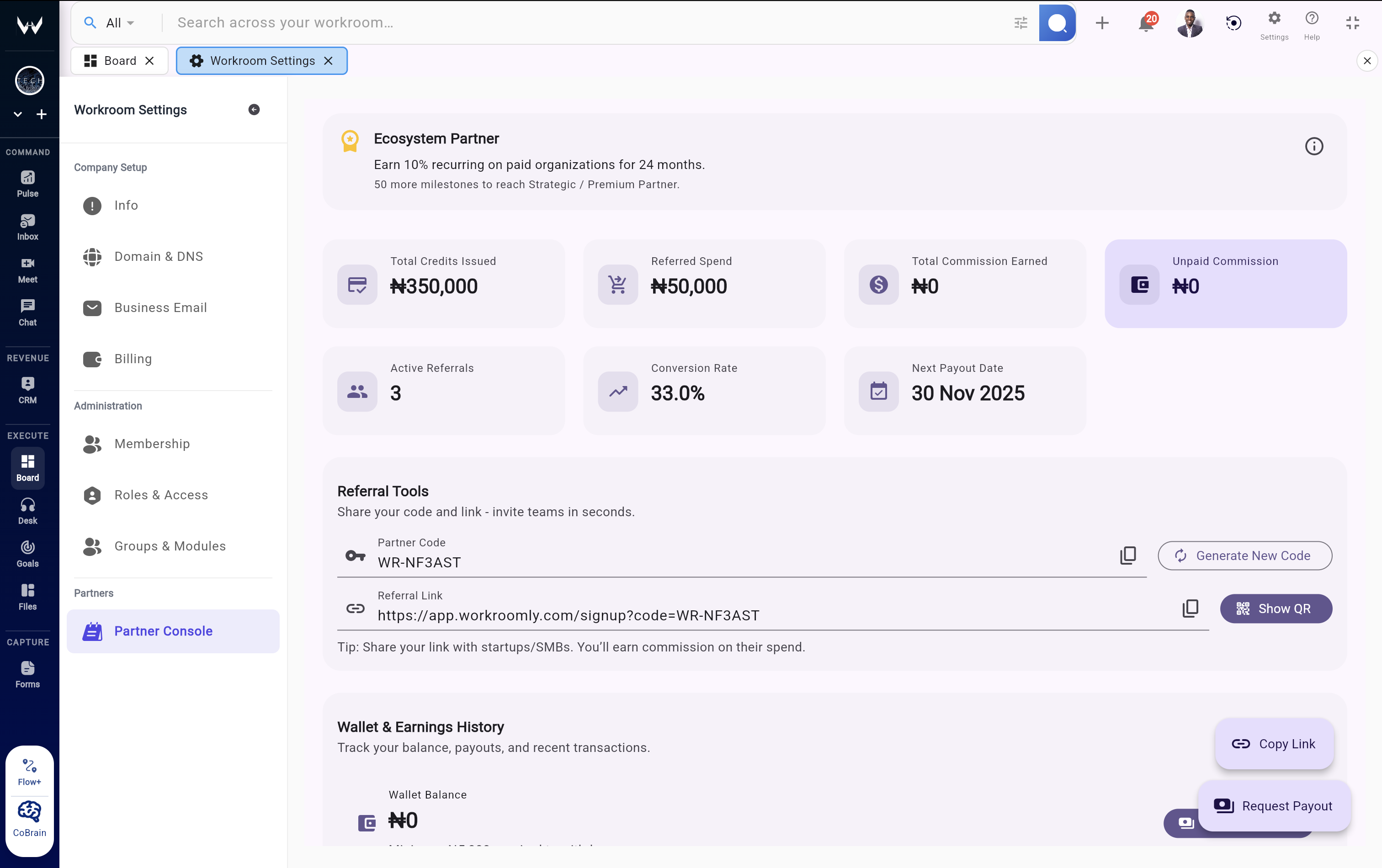 Workroomly partner dashboard showing referral analytics and commission insights